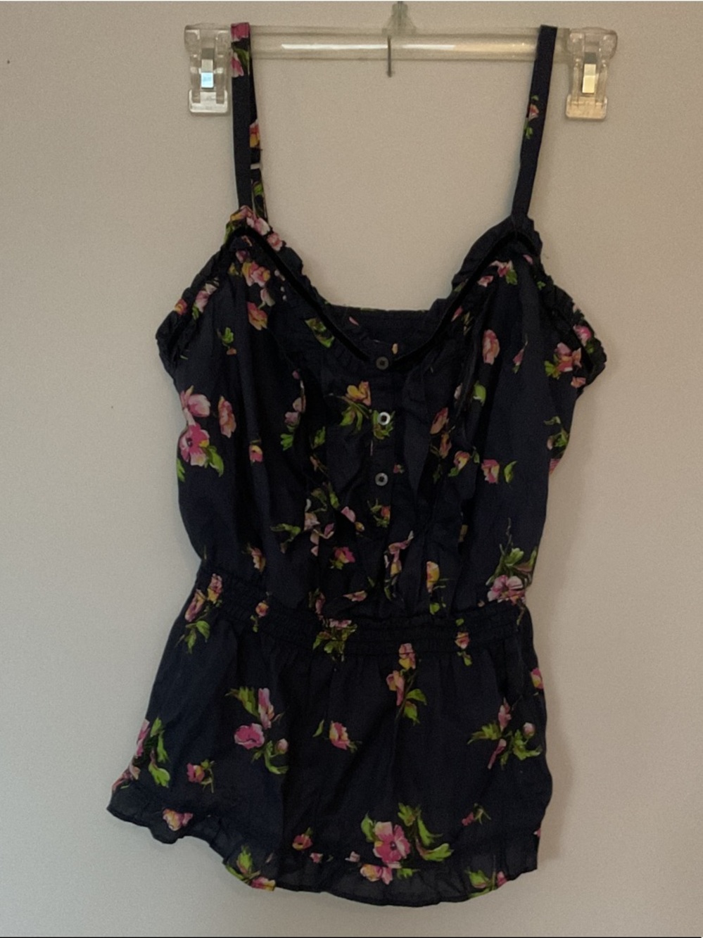 Hollister Floral Navy Sleeveless Ruffle Cami Top
